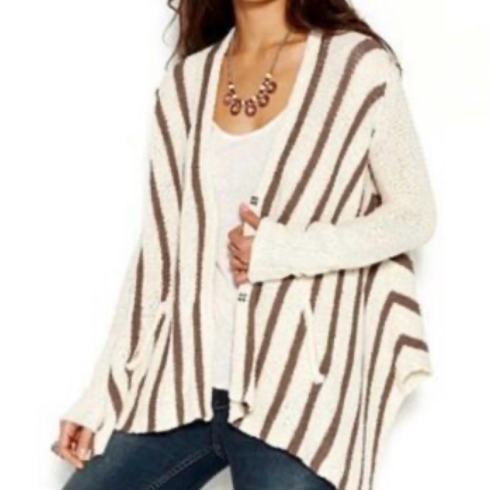 Free People Cream and Brown Striped Cardigan